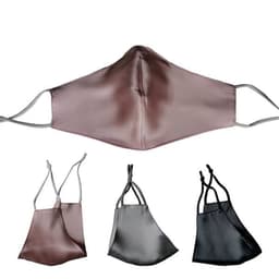A silk face mask in shades of mauve, grey, and black with adjustable ear straps and a metal nose wire.