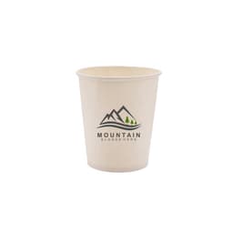 A 9 oz. custom disposable paper cup in a natural colour featuring a logo with mountains and trees.