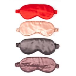 Four silk eye masks in red, peach, dark brown, and light brown, with elastic bands for comfort.