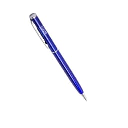 A blue metal ballpoint pen with a silver clip and branding on the barrel.