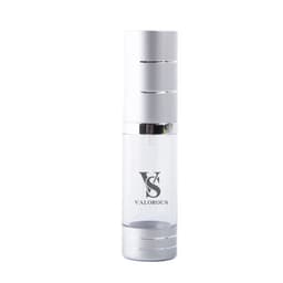 A 15ml transparent airless pump bottle with a silver top and base, featuring a logo. Ideal for health and personal care products.