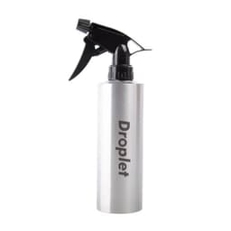 A stainless steel spray bottle with a black trigger sprayer and a logo. Silver in colour.