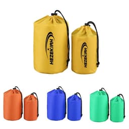 A set of waterproof bags in yellow, orange, blue, green, and red, featuring a logo. Two sizes are present.