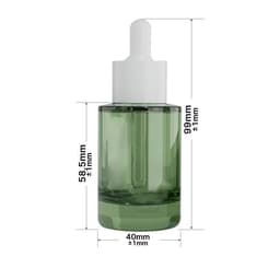 A green glass essential oil bottle with a white dropper, featuring measurement dimensions marked alongside.