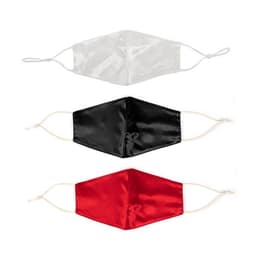A set of three silk face masks in white, black, and red, featuring elastic ear straps and a smooth finish.