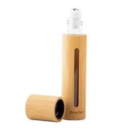 A 10ml bamboo glass roll-on bottle with a transparent window, featuring a natural bamboo exterior and a round rollerball top.