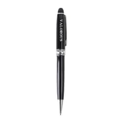 A black metal screwable ballpoint pen with a branding logo on the clip.