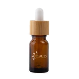 Amber glass dropper bottle with a bamboo lid, featuring a white dropper top and a logo on the front.