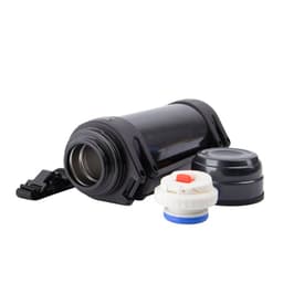 A drink bottle in black stainless steel with a removable lid and cap, featuring a logo.
