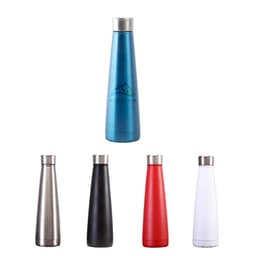 A drink bottle with a cone shape, available in blue, silver, black, red, and white, featuring a logo.
