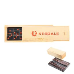 A wooden box contains a dominoes set with black tiles featuring red dots and a logo.