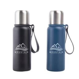 A drink bottle set featuring a black and a blue 20 oz. double wall stainless steel thermos flask with a logo.