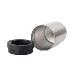 A drink bottle cooler featuring a stainless steel body and a black silicone base, with the lid removed.