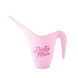 A pink plastic long mouth watering can with a curved handle and a logo on the side.