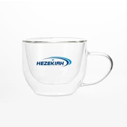 A double-layer glass mug with a handle, featuring a transparent design and a logo.