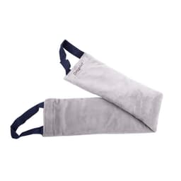 A grey therapeutic neck wrap with navy straps, designed for hot and cold therapy. It features a logo.