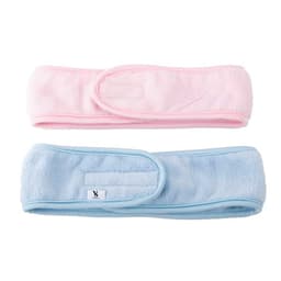 Two soft headbands in pink and light blue, featuring adjustable closures and a branding tag.
