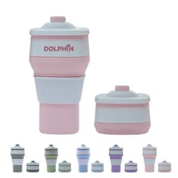 A drink bottle in pink and white silicone, featuring a logo, designed to be foldable for travel convenience.