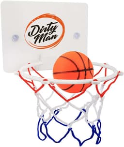 A mini basketball hoop with a suction cup, featuring a bright orange basketball and a white backboard with a logo.