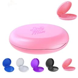 A pink orthodontic retainer case with an interior lid, alongside cases in purple, white, and black.