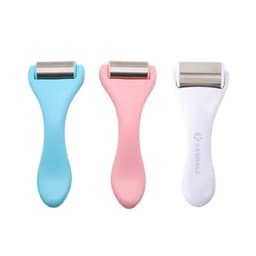 A collection of three stainless steel ice rollers in blue, pink, and white. Each roller features a branded handle.
