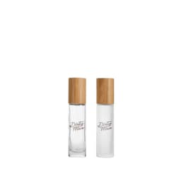 A 10ml glass roll-on bottle with a bamboo lid, featuring a clear and frosted design. It has a logo on the surface.