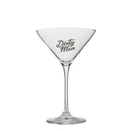 A clear martini glass with a sleek design and a branded logo on the bowl.