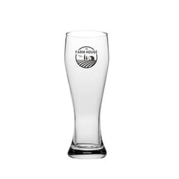 A clear, tall pilsner glass with a smooth design and a logo on the front.