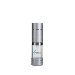 A clear 10ml airless pump bottle with a silver cap and a logo, suitable for health and personal use.
