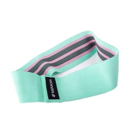 A green yoga resistance booty band with pink and grey stripes and a small logo.