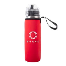 A drink bottle with a red neoprene sleeve and a black strap, featuring a logo on the front.