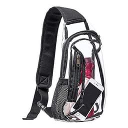 A clear stadium-approved sling bag with a black strap, featuring a mesh side pocket and multiple compartments.