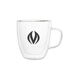 A glass mug with a handle, featuring a transparent design and a logo. Suitable for various beverages.