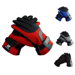 Waterproof ski gloves in red with black accents, alongside blue, grey, and black variations. Gloves feature a logo.