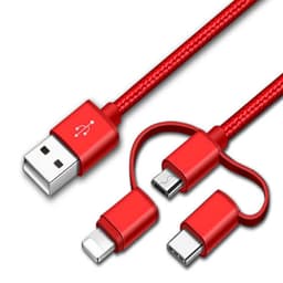 A red 3-in-1 USB charging cable with attachments for various devices. It features a braided design and a logo.