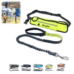 A hands-free dog leash in yellow and grey with an adjustable pouch and bungee-style lead. Includes a logo.