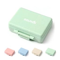 A green custom pill case made from wheat straw, featuring a logo, with options in pink, blue, and beige.