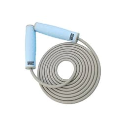 A silicone jump rope with light blue handles and a grey rope, featuring a branding logo on the handle.