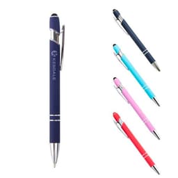 A 2 in 1 touch screen stylus pen in navy, with three additional stylus pens in light blue, pink, and red.