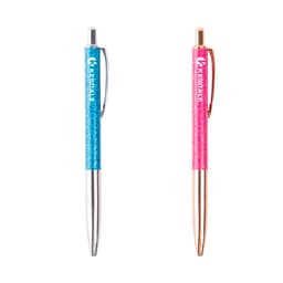 A set of two retractable glitter pens, one in blue and one in pink, featuring a metal finish and a logo.