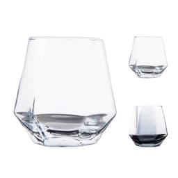 A hexagonal geometric drinking glass in clear glass, showcasing a modern shape and design.