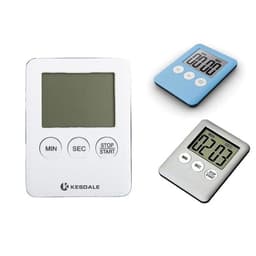 A portable digital kitchen timer in white and blue, featuring a large display and buttons for minutes and seconds.