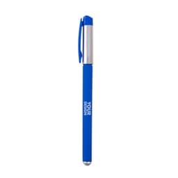 A blue plastic pen with a rubber-coated soft touch grip and a silver clip, featuring a logo.