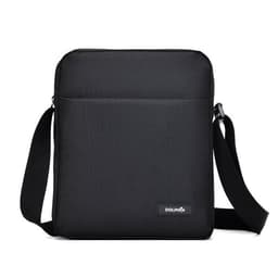 A black men’s crossbody bag with a simple design, featuring a shoulder strap and a front pocket. It includes branding.