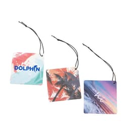 Three square hanging aromatherapy paper car fresheners featuring various designs and colours, each with a black string attachment.