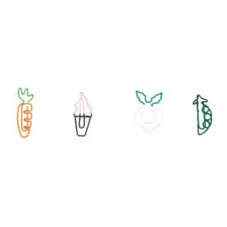 A set of four customised metal paper clips in the shapes of a carrot, ice cream, beetroot, and pea pod.