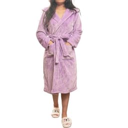 A purple flannel hooded robe with a tie belt, featuring long sleeves and an attached hood.