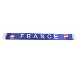 A blue satin fan scarf featuring the word "FRANCE" and two small flags. It has a modern design suitable for accessories.