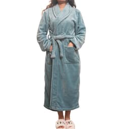 A soft blue lapel flannel bathrobe with pockets, worn by a model. Slippers are also visible.
