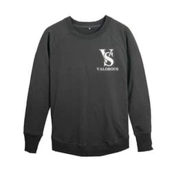 A black crewneck sweatshirt featuring a logo on the front. It has a relaxed fit and ribbed cuffs.